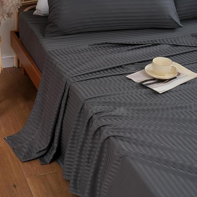 Juego de Sábanas Líneas Gris Microfibra Cama Doble🛏️